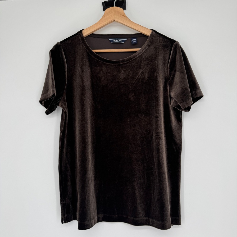 Lands End Velvet T Shirt Womens M Petite Brown Short Sleeve Luxe Whimsigoth Top